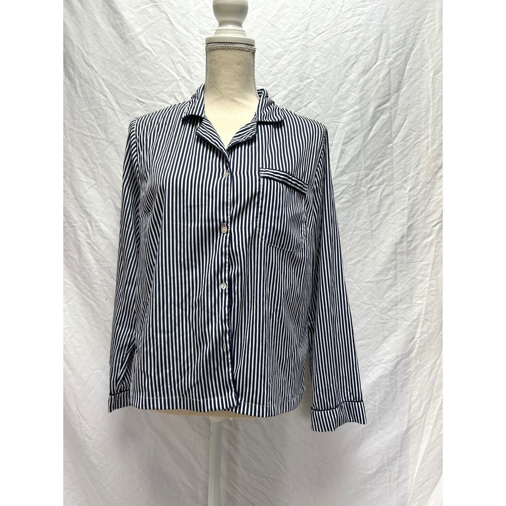 ISAAC MIZRAHI SLEEPWEAR Womens Pajama Top Navy White Stripe Button Up Medium